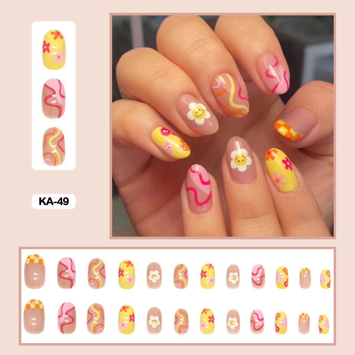 24pcs Girlish Colorful Graffiti Nail Art Fake Nails With Plants Flowers Patterns Short Press on False Nails With Wearing Tools