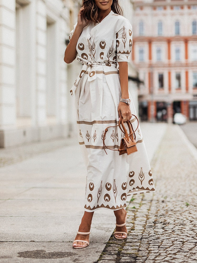 Women Half Open Collar Street Print Long Dress Elegant Button Lace Up High Waist Party Dress New Summer Short Sleeve Shirt Dress