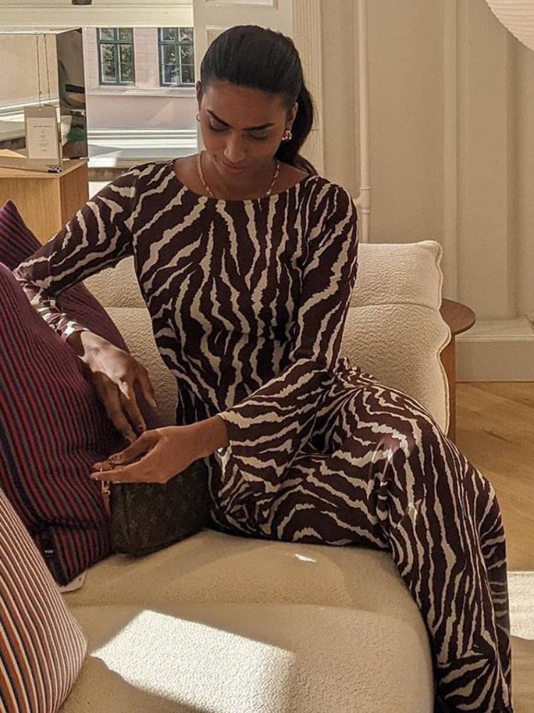 Hoobd2023 Autumn Elegant Zebra Print Maxi Dress For Women Sexy See Through Long Sleeve Bodycon Club Party Dress Spring Casual Dress