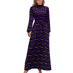 Cute Cats Print Dress Funny Animal Elegant Printed Maxi Dress High Waist Long-Sleeve Street Fashion Bohemia Long Dresses