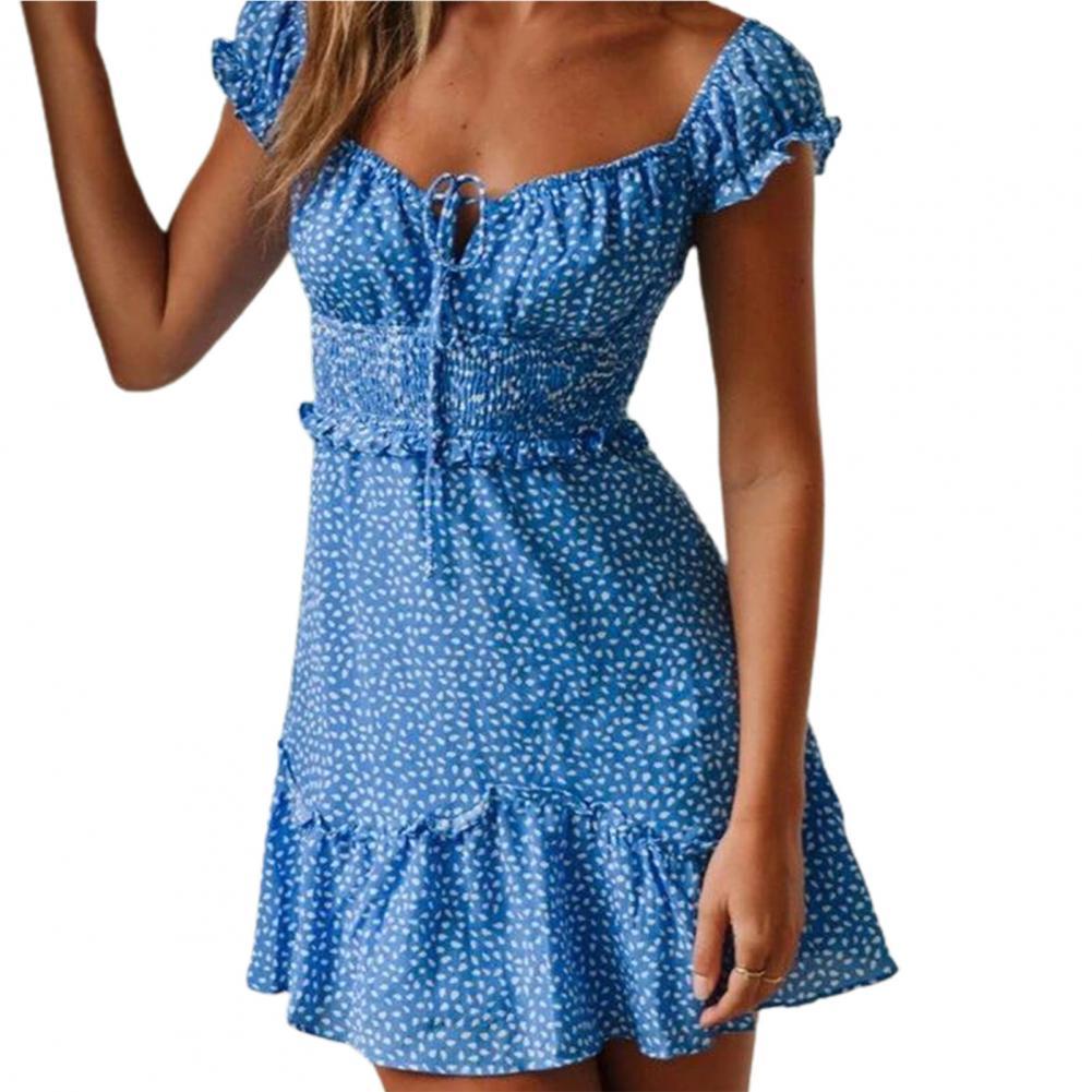 Hoobd Dresses Boho Floral Ruffle Short Mini Dress Summer Knot Sexy V-Neck Party Holiday Dress Femme vestido de mujer Women Dress