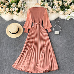 Women&#39;s Elegant Long Dress Spring and Summer Bubble Long Sleeve Pleated Belt Long Skirt 2023 Ladies French Temperament New Dress