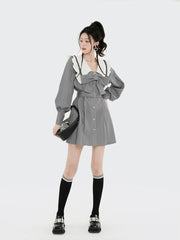 Kawaii Preppy Style Dress Women Bow Belt Elegant Vintage Dresses Puff Sleeve Sailor Collar Long Sleeve Gray Robe Korean