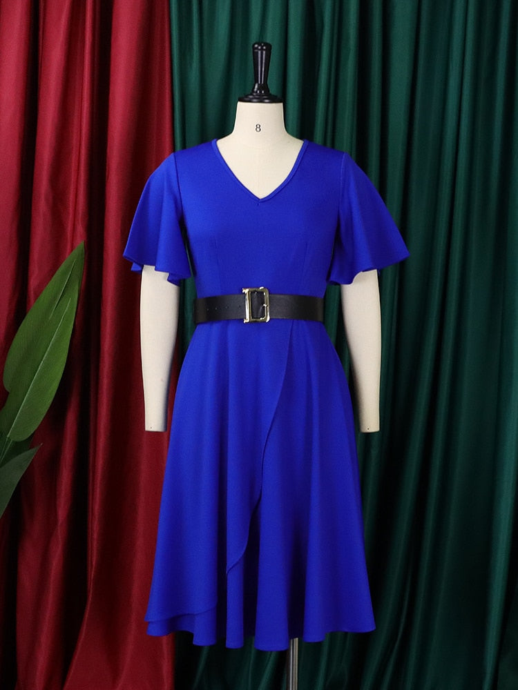 Hoobd Women Dress A Line Ruffle Eleagant Party with Waist Belt Blue Short Sleeve Office Lady Classy Modest Robe Fit Autumn New Fashion
