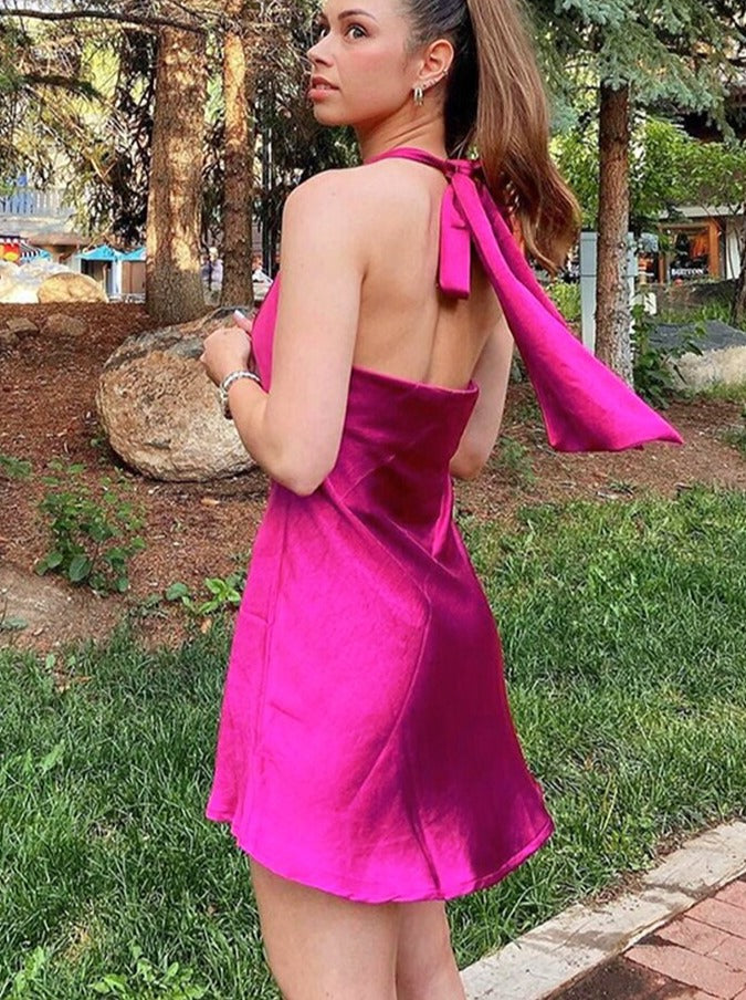 Backless Rose Red Halter Satin Dress Summer Sleeveless Short Party Club Sundress Bowknot Lace Up Maxi Dress Vestidos