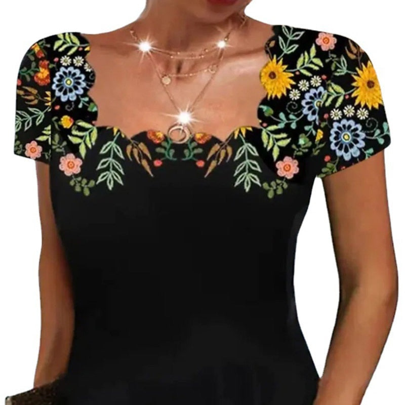 2023 Summer Women&#39;s Wavy Neck Print Short-sleeve Dress Elegant Casual Floral Theme Printed Female Fashionable Knee Length Dress