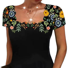 2023 Summer Women&#39;s Wavy Neck Print Short-sleeve Dress Elegant Casual Floral Theme Printed Female Fashionable Knee Length Dress