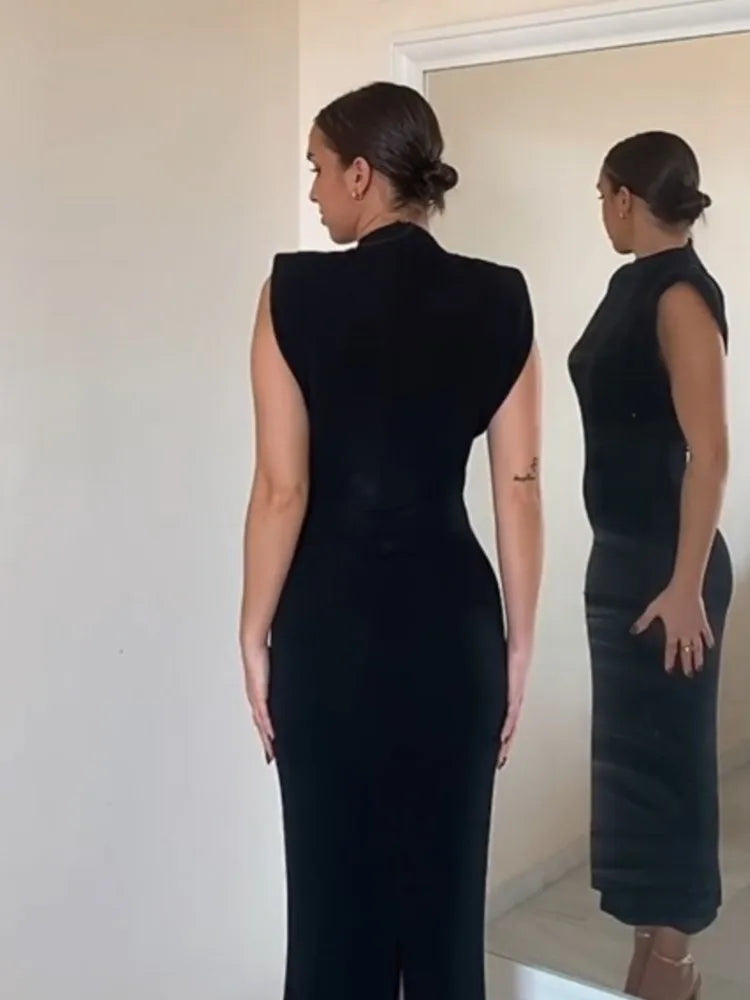 Women Fashion Sexy Midi Dress 2024 Elegant O-Neck Split Sleeveless Slim Dresses Streetwear High Waist Bodycon Vestidos Robes