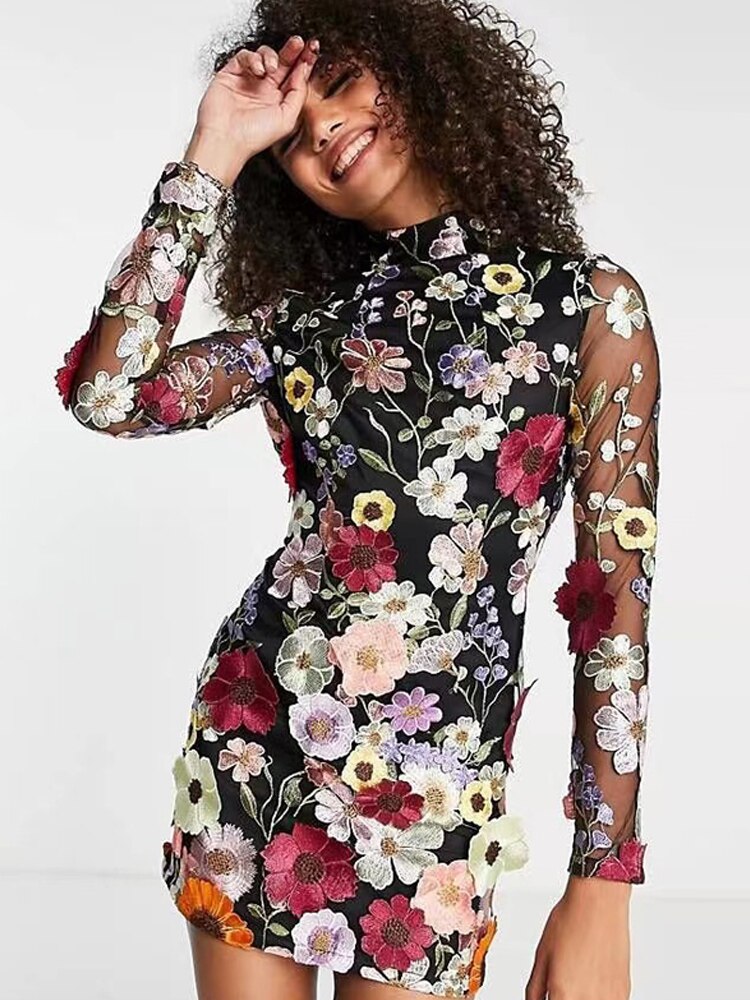Hoobd Flower Print Embroidery Mini Dress Women Half High Collar Long Sleeve Hip Package Dresses Female Autumn Elegant Lady Vestidos