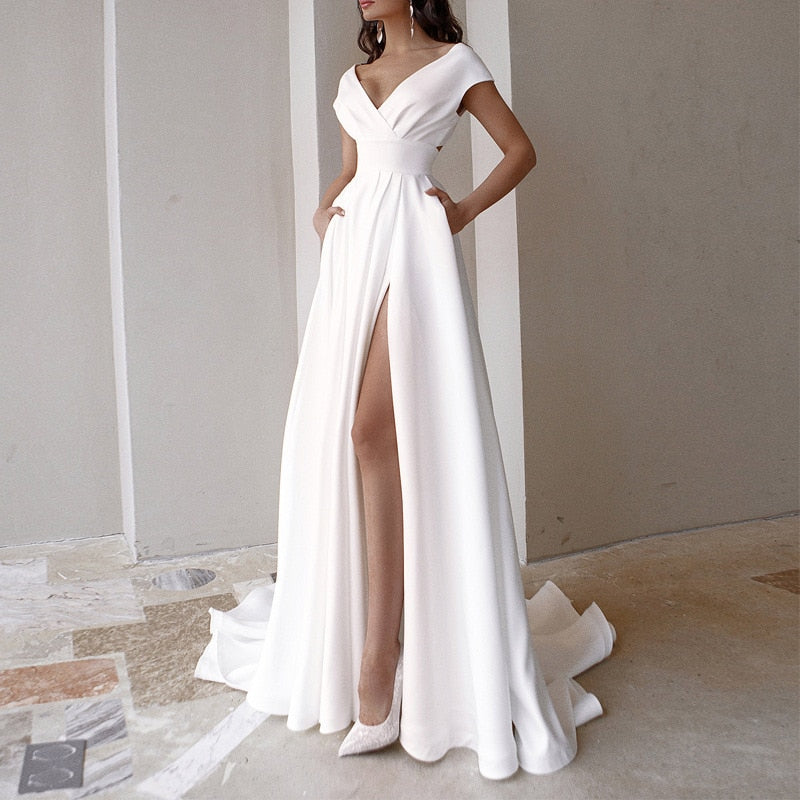 Hoobd Elegant Casual Women's Dresses Sexy V-neck Side Slit Backless White Long Skirt Wedding Banquet Bridesmaid Dress Evening Gown