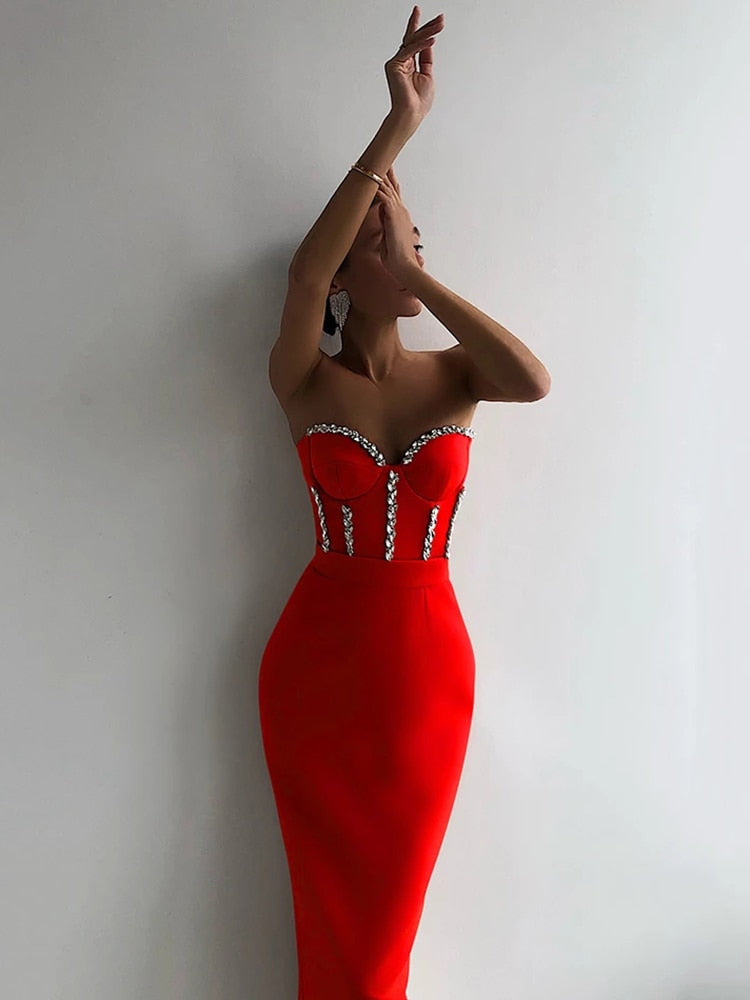 New Women&#39;S Fashion Bead Chain Crystal Design Long Dress Sexy Sleeveless Backless Celebrity Party Bandage Dress