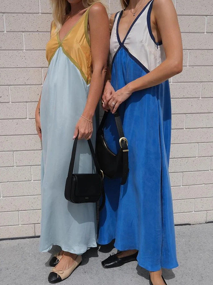 Fashion Patchwork Deep V neck Dress For Women Spring Autumn Female Sleeveless Loose Midi Dresses Elegant Ladies Beach Dress