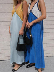 Fashion Patchwork Deep V neck Dress For Women Spring Autumn Female Sleeveless Loose Midi Dresses Elegant Ladies Beach Dress