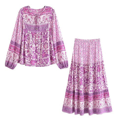 2023 Two Pieces Dress Sets Flower Shirt and Skirts Boho Matching Sets Fashion Mujer Maxi Dress Printing Ensemble Femme 2 Pièces