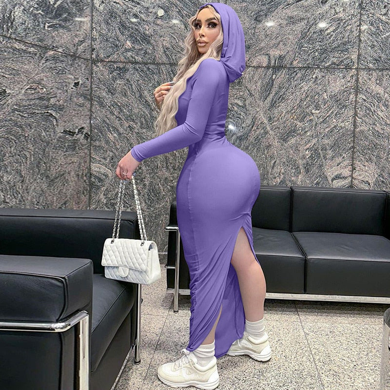 Hooded Long Sleeves Fitted Dress for Women 2023 Elegant Sexy Back Slit Bodycon Maxi Dresses Street Style