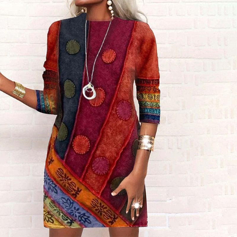 Hoobd Elegant Round Neck Geometric Printing Long Sleeve A-line Skirt Autumn Winter New Fashion Patchwork Slim Mini Dress Women