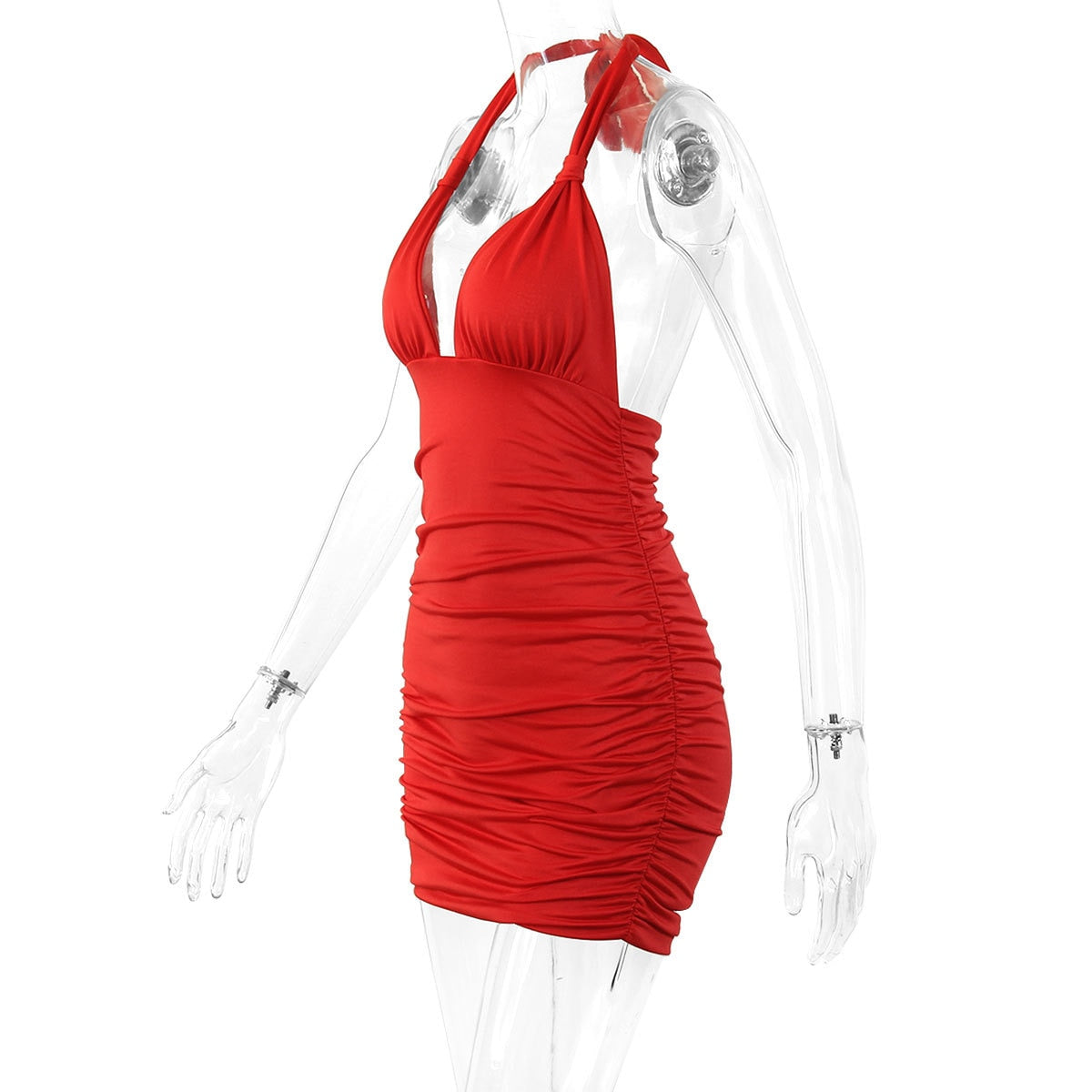 Hoobd Sexy Ruffle V Deep Evening Party Dress Summer Short Halter Red Dresses For Women Tight Club Mini Dress Clubwear