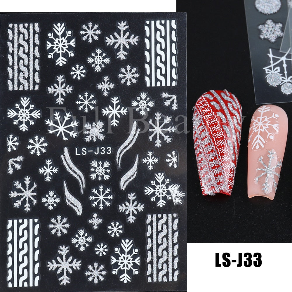 Christmas Nail Sticker 3D Reflective Shiny Glitter Gold Silver Snowflake Elk Bells Decal Slider For Manicure Decoration NLLS-J24