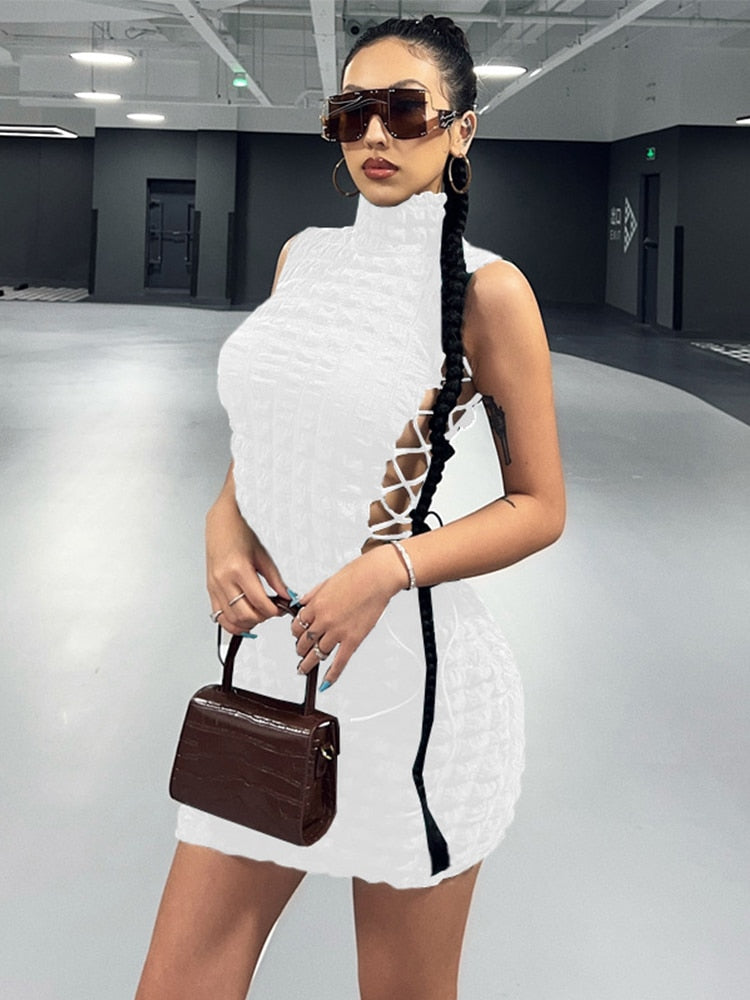 Hoobd Cut Out Long Sleeve Dress Women Y2K Mini Bodycon Bandage White Dress Fall Winter Stunning Stacked Streetwear Turtleneck Dress