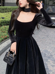 Hoobd Velvet Elegant Evening Party Midi Dresses Ladies Black France Vintage Dress Women New Winter Korean One-piece Dress Autumn