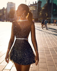 Hoobd Cutubly Sexy Nightclub Mini Sparkly Sheer Mesh Lady Elegant NightParty Dress 2023 V-neck Dresses Bodycon Vestidos Clothing Chic