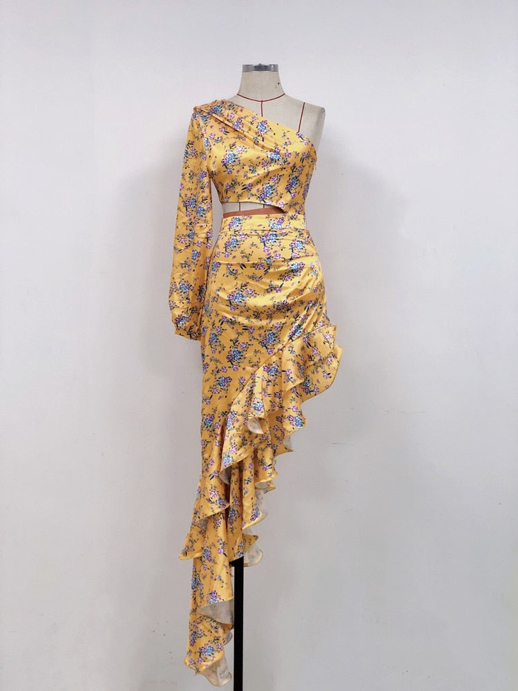 Hoobd Sexy Slanted Shoulder Floral Irregular Ruffle Dress Summer One Shoulder Cut Out Ruffle Long Dress Women Party Club Evening Dress