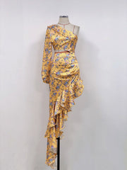 Hoobd Sexy Slanted Shoulder Floral Irregular Ruffle Dress Summer One Shoulder Cut Out Ruffle Long Dress Women Party Club Evening Dress