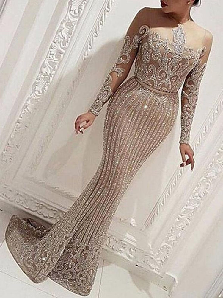 Y2K Women's Sequined Train Dress Solid Color Strapless Embroidery Long Sleeve Office Lady Female Elegant Dresses 2023 Summer