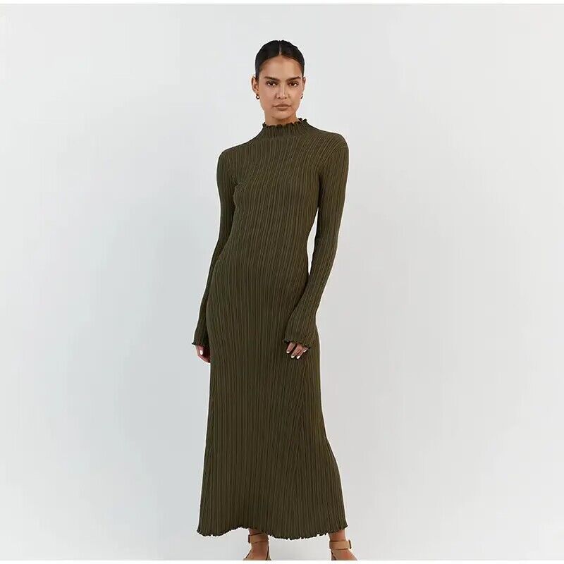 Hoobd2023 Autumn Winter Knitted Maxi Dress Elegant Women Long Sleeve Slim Pleated Robe Club Party Bodycon Long Dress Vestidos