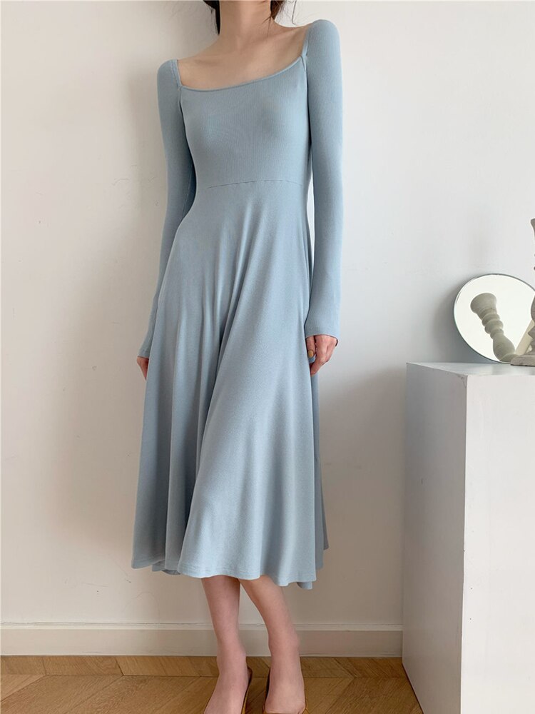 Hoobd Long Sleeve Knitted Midi Dress Women Pure Color Elegant Dress Party Autumn 2022 Fairy Slim One Piece Dress Korean Fashion Chic