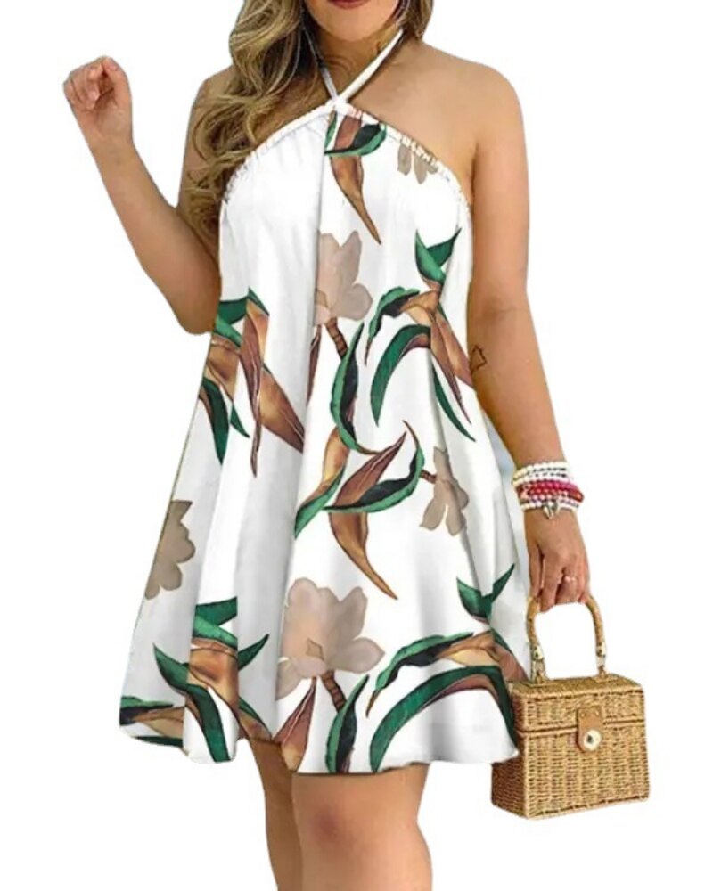 Hoobd Spring Summer Fashion Women&#39;s Dress Sexy Off Shoulder Neck Strap Loose Dress Stripe Flower Print All Season Mid Length Dress