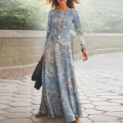 2023 Spring Geometric Print Long Party Dress Women Elegant O Neck Office Maxi Dress Autumn Long Sleeve Hem Boho Lady Dress Mujer