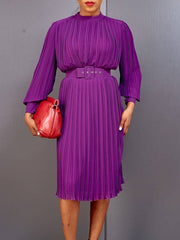 Women Pleated Dress with Waist Belt Loose Elegant Long Sleeves Office Ladies Spring Large Size New Trending 2023 African Female