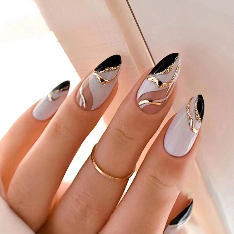 24Pcs French Silver Glitter Design False Nail French Stiletto Full Cover Press on Square Fake Nails DIY Manicure Nail Art Tools