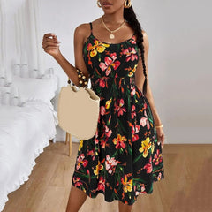 Hoobd Women Square Collar Summer Spaghetti Strap Dresses Casual Floral Print Sleeveless Short Dress Female Loose Beach Sundress