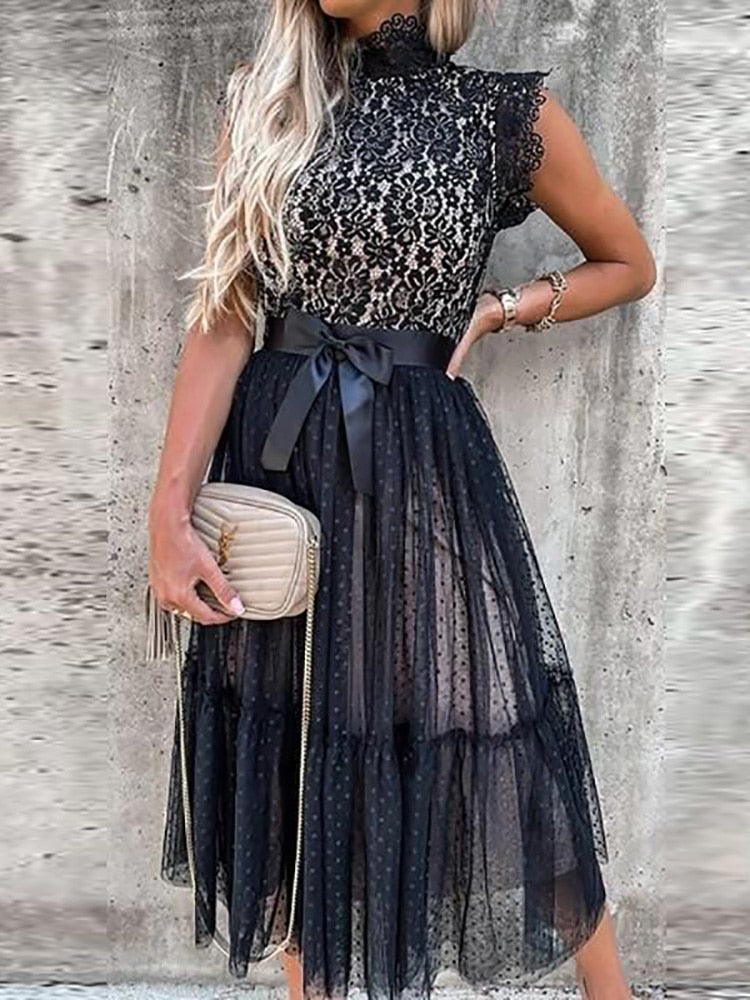 Hoobd Women Elegant V Neck Lace Patchwork Solid Party Dress Sexy Sleeveless Lady Summer Mesh Ruffle Dress Cute Princess Lace-Up Dress