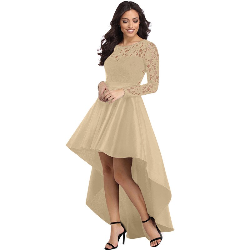 Autumn Winter New Round Neck Long Sleeve Lace Lace Swallowtail Satin Party Dress