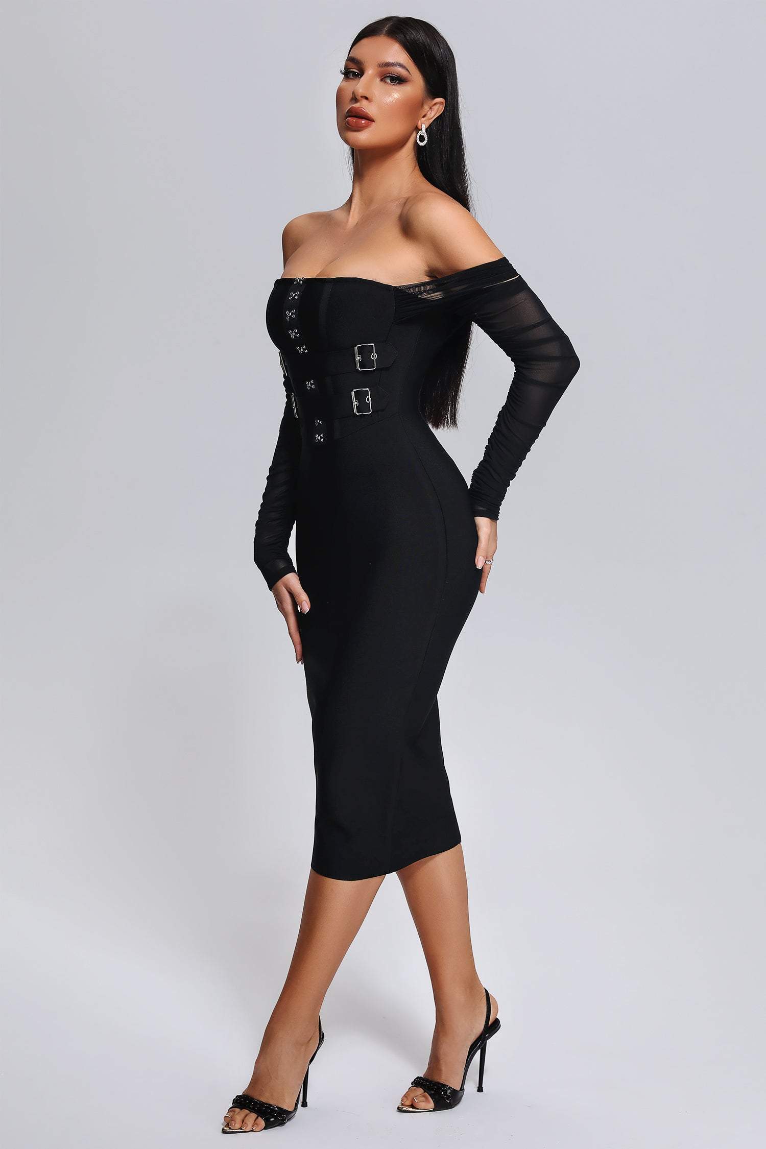 2023 New Black Color Women Mesh Long Sleeve Sexy Off the Shoulder Bodycon Mid-calf Dress Bandage Elegant Evening Party Dress