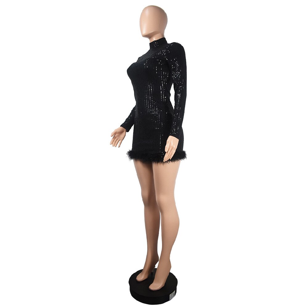 Fashion Sexy Bodycon Birthday Party Dress for Women 2023 Spring Long Sleeve Feather Sequins Short Evening Dresses Black Red