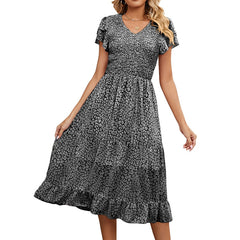2023 Summer V-Neck Pleated Printed Chiffon Patchwork Waist-Tied Dress for Women