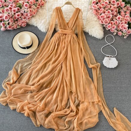 Autumn Khaki/White Bandage Chiffon Long Dress Sexy Deep V-Neck Sleeveless High Waist Vestidos Vacation Beach Maxi Robe 2023 New