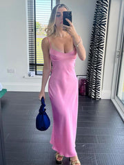 Pink Camis Satin Long Dresses Elegant Sleeveless Slip Holiday Party Dresses Sexy Casual Backless Summer Dresses Women 2023