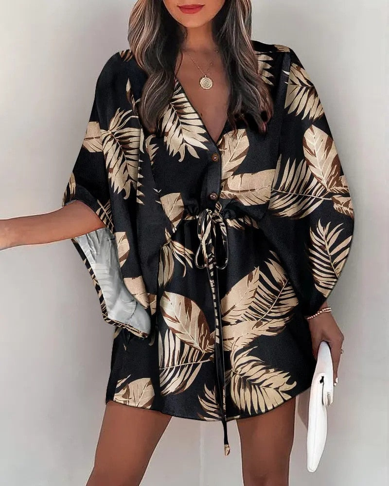 2023 Summer Boho Dresses Women Casual Flora Print Batwing Sleeve Lace-Up Dress Sexy V Neck Loose Ladies Beach Mini Dress Vestido