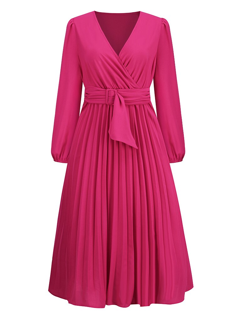 Dress for Women Solid Color V Neck Long Sleeve Slim-fitting Pleated Dress Spring Summer Temperament Elegant Evening Party Skirts