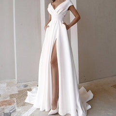 Hoobd Elegant Casual Women's Dresses Sexy V-neck Side Slit Backless White Long Skirt Wedding Banquet Bridesmaid Dress Evening Gown