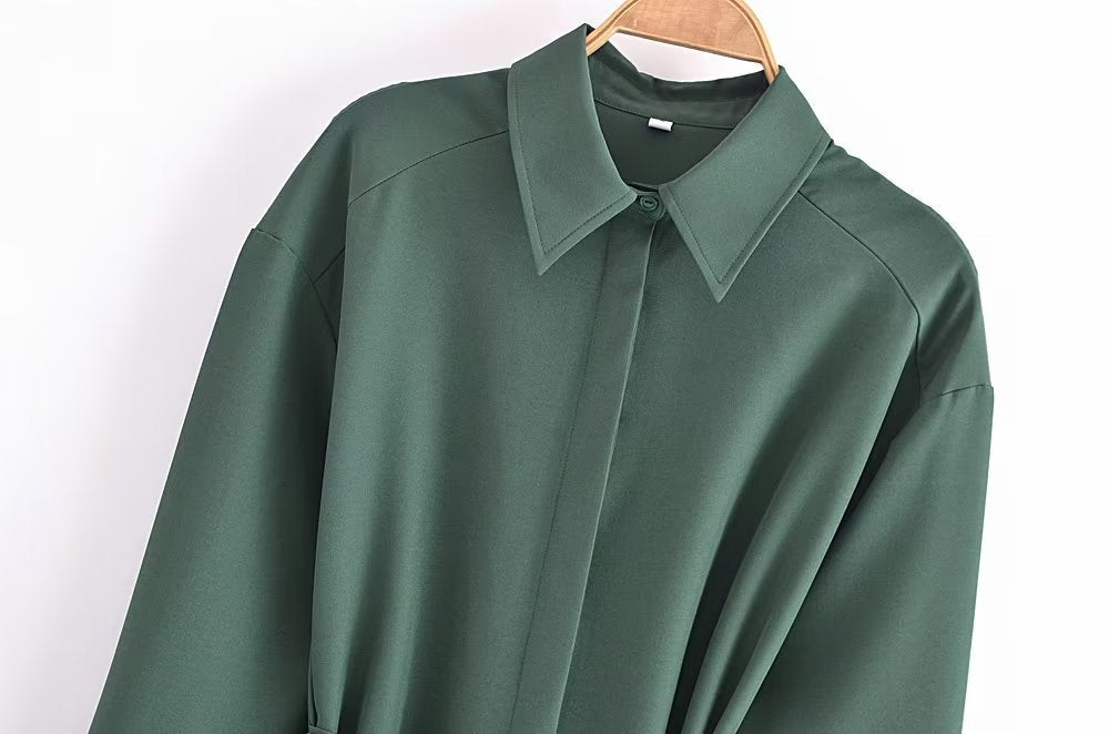 New Women Army Green With Belt Shirt Dress Long Sleeve Lapel Collar Female Autumn Dress Short Vestido