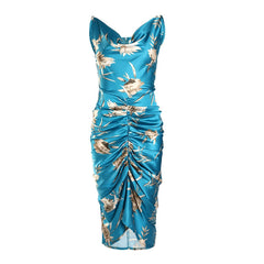 Hoobd Women Cowl Neck Satin Ruched Floral Print Dress Sleeveless Bodycon Skinny Elegant Dress Midi Party Dress Robe Longue Femm