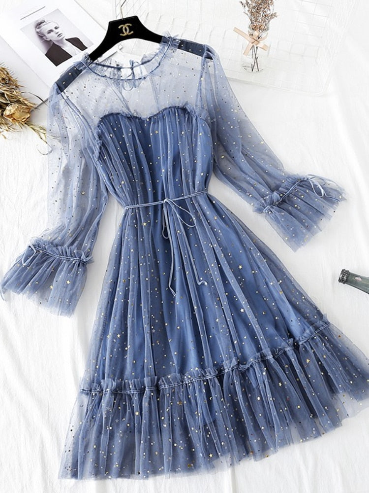 New Female O-neck Stars Sequined Mesh Shiny Fairy Dress Women Elegant Bling Gauze Princess Puff Dresses Vestidos De Fiesta