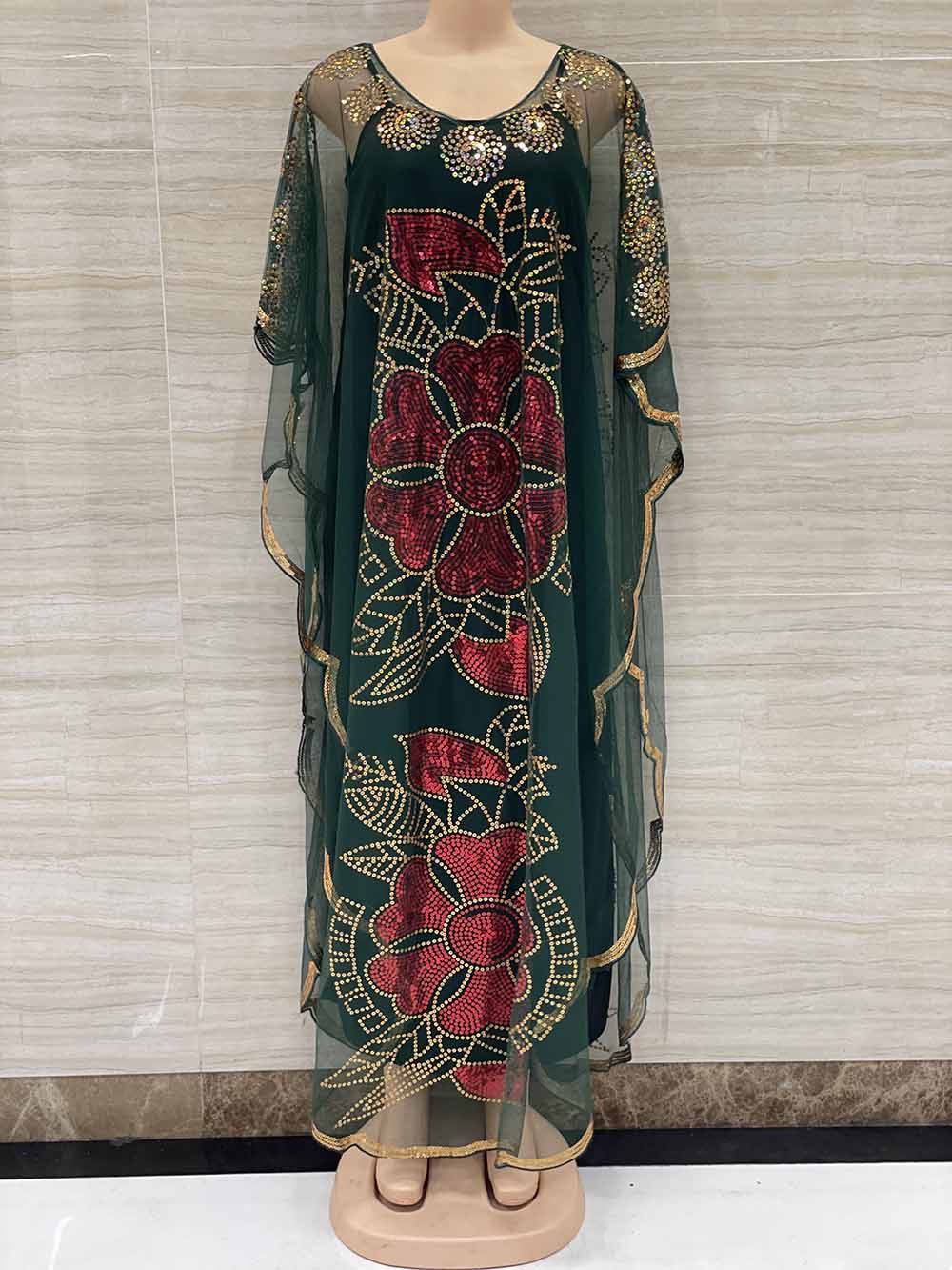 New Style African Women&#39;s Clothing Dashiki Abaya Fashion Gauze Fabric Sequins Bat Sleeve Loose Dress Free Size  Single Piece