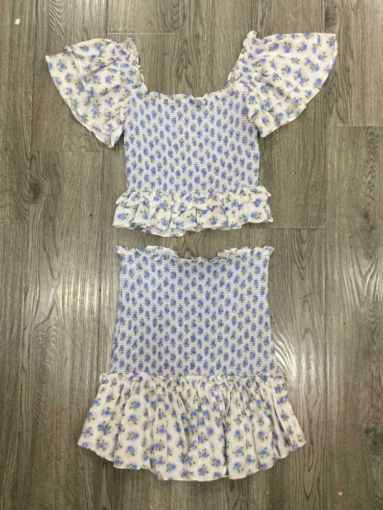 Hoobd Blue floral print dress women smocked sexy women party dress ruffled sleeve summer dress women sweat ladies dress